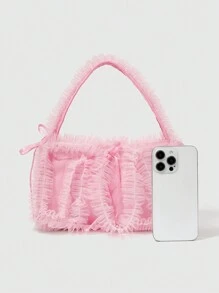 ROMWE Kawaii 可爱蕾丝边蝴蝶结装饰女士手提包粉色