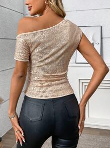 SHEIN Clasi Top elegante para fiesta con un hombro con decoración de lentejuelas, adecuado para Año Nuevo, cumpleaños, Día de San Valentín