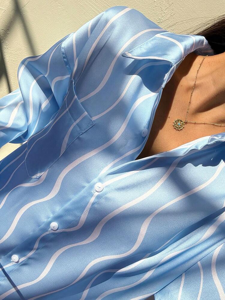 Simple Holiday Style Wave Stripe Satin Loose Shirt Pajama Set For Women