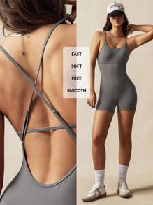 VARSITIE 吊带大露背短款修身女士运动连体裤 - 灰色 - 查看 9