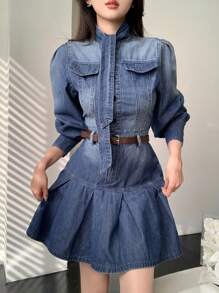 DAZY Women Short Pleated Tie-Front Long Sleeve Denim Dress