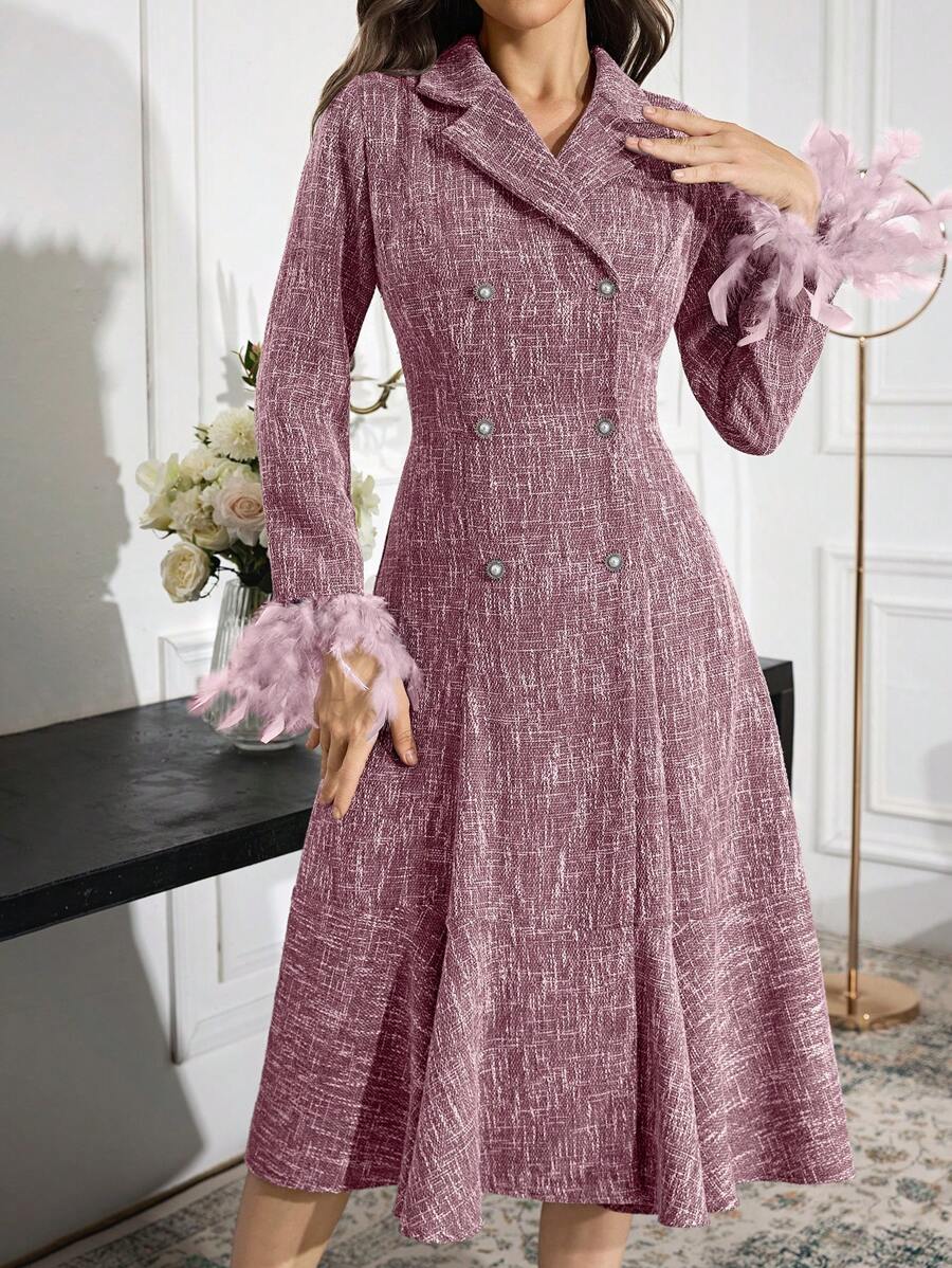 Modelyn Women's Front Button Faux Fur Patchwork Simple Casual Dress - Dusty Purple - View 1