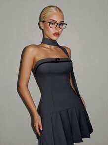 SHEIN ICON Office Women Outfits Women's Butterfly Decor Ruched Tube Dress With Chiffon Ties Spring Outfits For Women Summer Concert Outfit Women Easter Women St Patrick Day Outfit - Grey - View 1