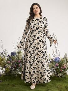 Graceveil 大码女式圆领长袖花卉印花休闲连衣裙 - 彩色 - 查看 1