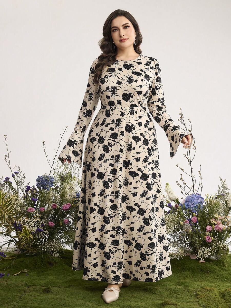 Graceveil 大码女式圆领长袖花卉印花休闲连衣裙 - 彩色 - 查看 1