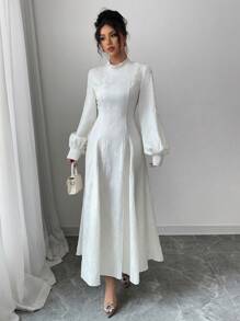 Modelyn 女士优雅 A 字腰链提花编织连衣裙 - 杏色 - 查看 6