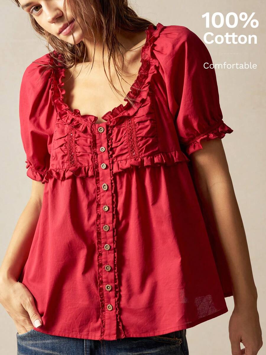 Bohemela 女士休闲纯色宽松编织短袖衬衫，红色上衣