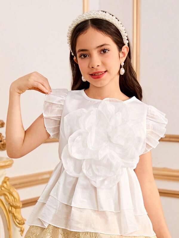 Tween Girls White 3D Flower Decor Ruffle Trim Cap Sleeve Blouse, Elegant