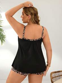 Swim Lushoire 大码女式豹纹黑色宽松针织面料休闲度假比基尼套装，适合夏季海滩 - 彩色 - 查看 3