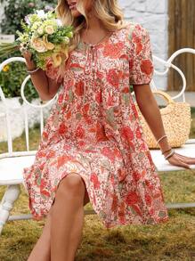 INAWLY Solva 女式前系带短袖满身花卉印花休闲迷你连衣裙 - 彩色 - 查看 4