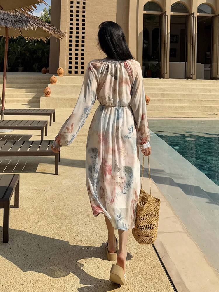 Vestido Midi de Manga Longa Estilo Ocidental Boêmio com Estampa Floral Completa na Cintura, Vestido de Férias para Mulheres, Estilo Boho para a Páscoa
