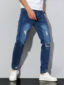 Manfinity Homme 大码男式破口袋休闲破洞牛仔裤 - 中等水洗藍 - 查看 3