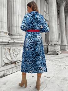 SHEIN LUNE 2024 秋冬新款豹纹拼色女式长款开襟连衣裙 - 藍色 - 查看 2