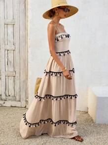 SHEIN VCAY 女士度假拼布流苏肩带超长连衣裙