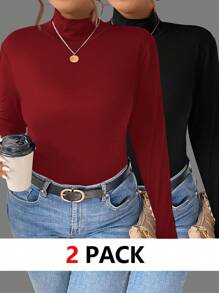EMERY ROSE 2pcs/Set Plus Size Solid Color Casual Turtleneck T-Shirt, Suitable For Fall And Winter - Multicolor - View 1