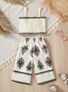 2pcs/Set Baby Girl Cute Floral Print Camisole And Long Pants Suit, Summer
