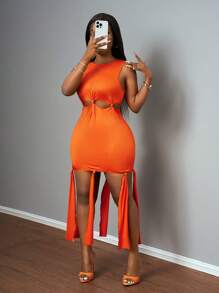 Slaydiva Nuevo estilo Vestido mini naranja casual y deportivo para mujer con cuello redondo, sin mangas, top de jersey con nudo y recorte - Naranja - Ver 5