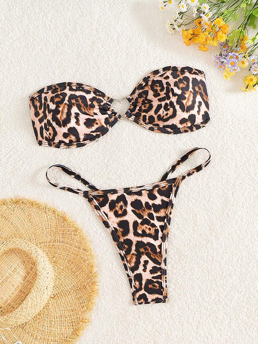 Swim Vcay Swim Summer Beach Vacation Outfits Woman Cheetah Print Heart Bikini Sets - Multicolor - View 1