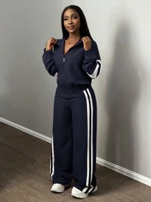 Slaydiva New Casual Sports Street Stand-Up Collar Zipper Long-Sleeved Off-Shoulder Jacket + Straight Wide-Leg Trousers Rose Purple With White And Black Ribbon Women's Two-Piece Set-A - Navy Blue - View 5