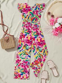 SHEIN Tween Girls Casual Vacation Hollow Back Contrast Color Big Bow Cap Sleeve Ditsy Floral Cinched Waist Romper