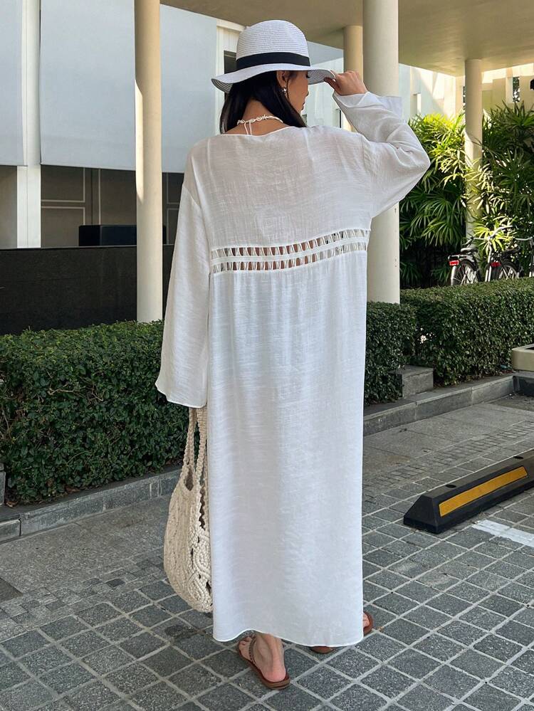 Women's Solid Color Splice Hollow Out Tie-Up Casual Vacation Sun Protection Blouse Summer Long Sleeve Top