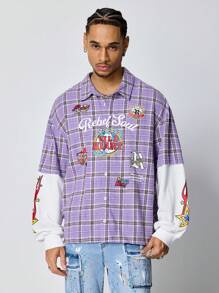 ROMWE MEN Prep 男式前扣格子拼接长袖休闲衬衫