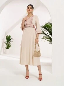 TrendSteals 女士度假休闲刺绣拼布交叉系带长裙 - 卡其色 - 查看 7