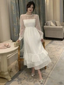 DAZY Damska sukienka na co dzień z długim rękawem, falbanką, z koronkowym kołnierzykiem i stójką, jesienna - Biały - Zobacz 1