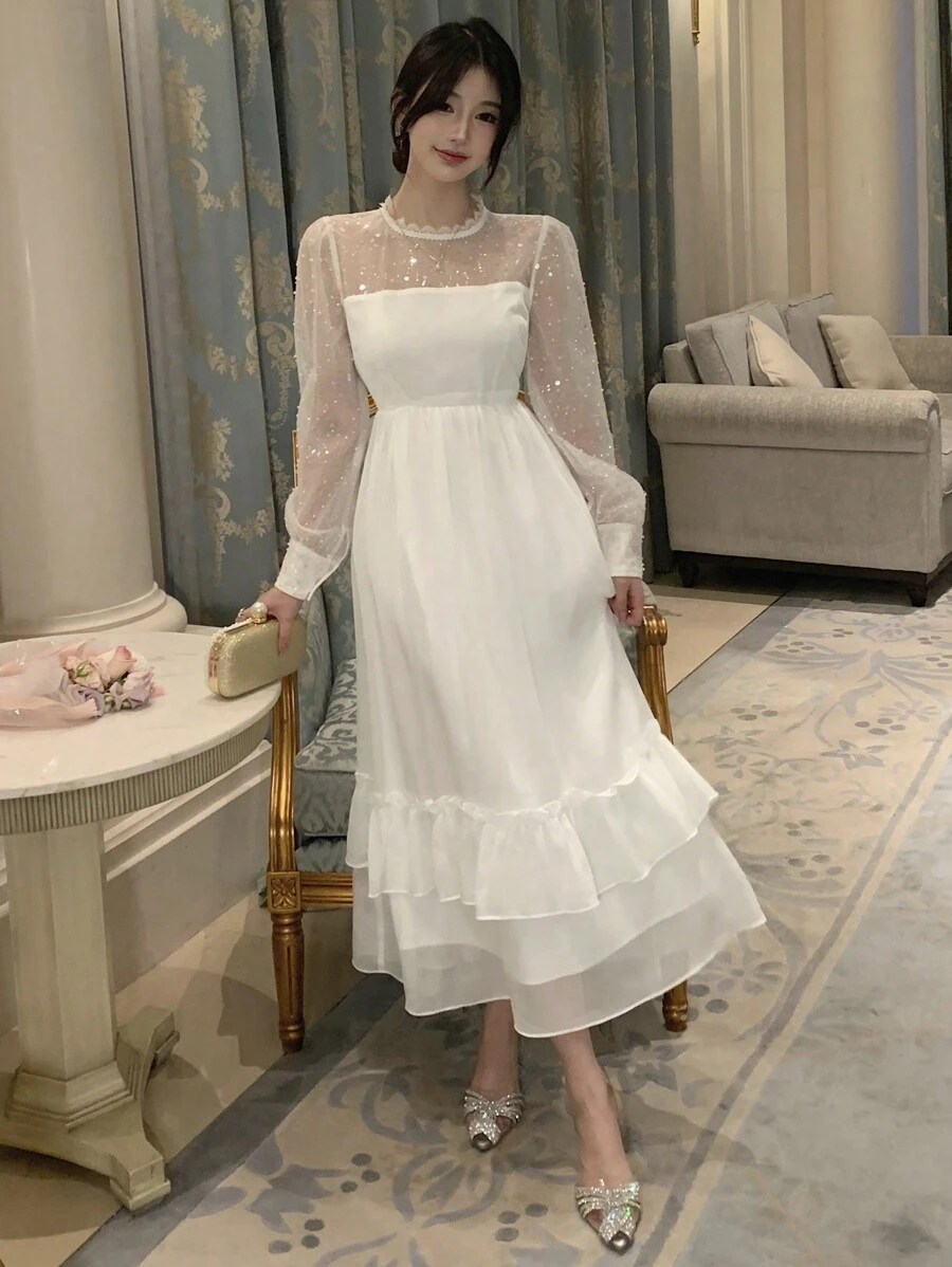 DAZY Damska sukienka na co dzień z długim rękawem, falbanką, z koronkowym kołnierzykiem i stójką, jesienna - Biały - Zobacz 1