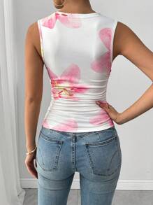 Chiquease Romantic Floral Print Asymmetric Ruched Camisole - Pink - View 2