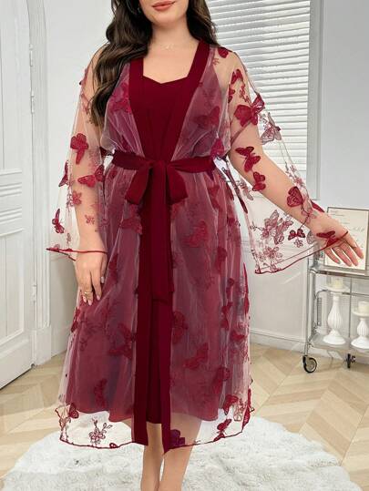 2pcs Plus Size Set: Embroidered Mesh Robe & Solid Color Camisole Nightgown