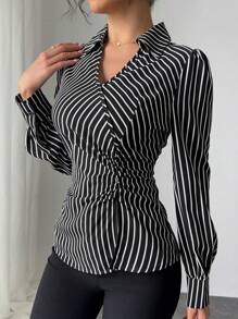 Elenzga 2024 年新款女士性感 V 领褶皱腰设计衬衫 - 黑色 - 查看 3