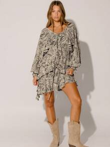 Aralina 休闲秋冬花卉 Y2K 褶边分层飘逸廓形波西米亚风格长袖迷你连衣裙早午餐教堂装 - 深灰色 - 查看 12