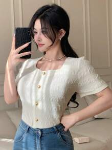 DAZY 女士纯色前扣短袖休闲衬衫，日常穿着 - 米色 - 查看 10