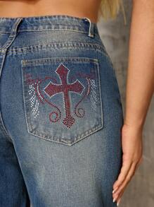 SHEIN SXY Vintage Blue Denim Cropped Wide-Leg Jeans For Women, American Streetwear Style With Cross Crystal Embellishment, Summer New Arrival
