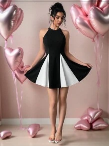Firerie Vestido mini elegante y de estilo universitario nuevo con bajo plisado y panel de contraste sin mangas, para usar de diferentes formas en primavera y verano - Negro - Ver 1