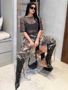 SHEIN SXY 时尚性感透明网眼短款上衣 - 黑色 - 查看 4