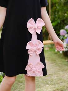 SHEIN Tween Girls' Knitted 3D Bow Puff Sleeve A-Line Dress, Sweet Elegant Style - Black - View 2