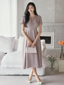 Wynsel Women's Short Sleeve V-Neck Bowknot Decor Dress Elegant Sundress