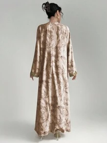 Al Najma Women's Tie Dye Lace Splice Bell Sleeve Arabic Style Dress, Modest Kaftan - Khaki - View 2