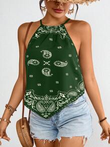 SHEIN VCAY 女士度假印花梭织背心，简约时尚休闲日常穿着，女士夏季装、沙滩装、复活节装、女士海滩装、春假装、度假装、音乐会装、狂欢节装、狂欢装、波西米亚风 - 綠色 - 查看 1