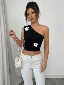 Chiquease 女士合身不对称领口褶皱 3D 花卉印花衬衫