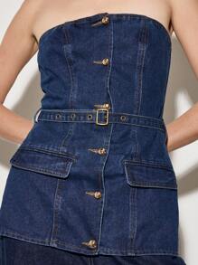 AiiRZ Top bandeau de mezclilla sin tirantes con detalle de botones delanteros y cinturón ajustable, inspirado en el estilo corsé de la moda callejera y de festivales del estilo Y2K
