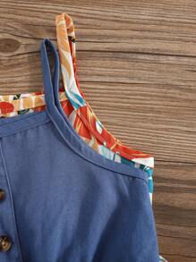 2 件装女婴牛仔效果无袖上衣，带叶子印花和荷叶边下摆，可爱休闲时尚，可搭配牛仔裤、裤子或裙子，夏季新品 - 彩色 - 查看 6