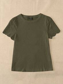 EMERY ROSE Camiseta con bordado con ojal de manga farol - Verde militar - Ver 4