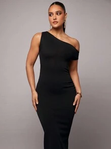 Silquee Women Solid Color Asymmetrical Neck Fitted Elegant Knit Dress