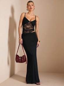 SHEIN BAE 夏季海滩度假纯黑色蕾丝性感透视吊带长裙，适合日常约会、夜间外出、夜总会、派对、聚会、鸡尾酒会、泳池派对、返校季服装、学校季节连衣裙、节日连衣裙女士连衣裙女士纯色性感无袖连衣裙、白色连衣裙、度假连衣裙、毕业典礼和返校连衣裙、婚礼伴娘礼服、春夏无袖纯黑色极简主义性感圆领修身、黑色连衣裙、约会夜连衣裙、伴娘迷你连衣裙、优雅小黑裙、春夏、网眼 - 黑色 - 查看 4