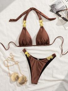 SHEIN Swim 女士 2 件套泳衣套装，性感优雅复古吊带露背系带前开襟纯色金属外壳装饰泳衣适合夏季海滩度假 - 咖啡棕 - 查看 6