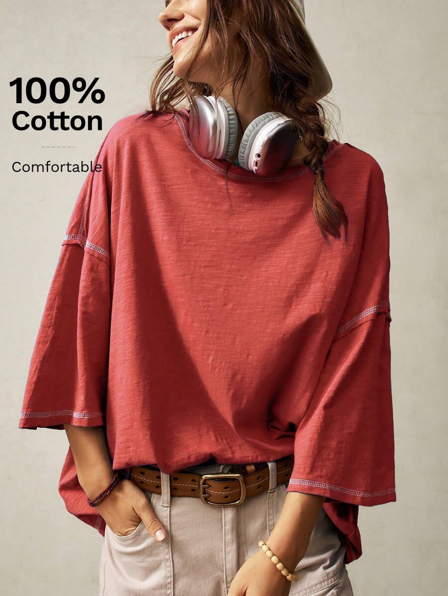 Bohemela Casual Solid Color Knit Round Neck 3/4 Sleeve Relaxed Washed T-Shirt - Red - View 1