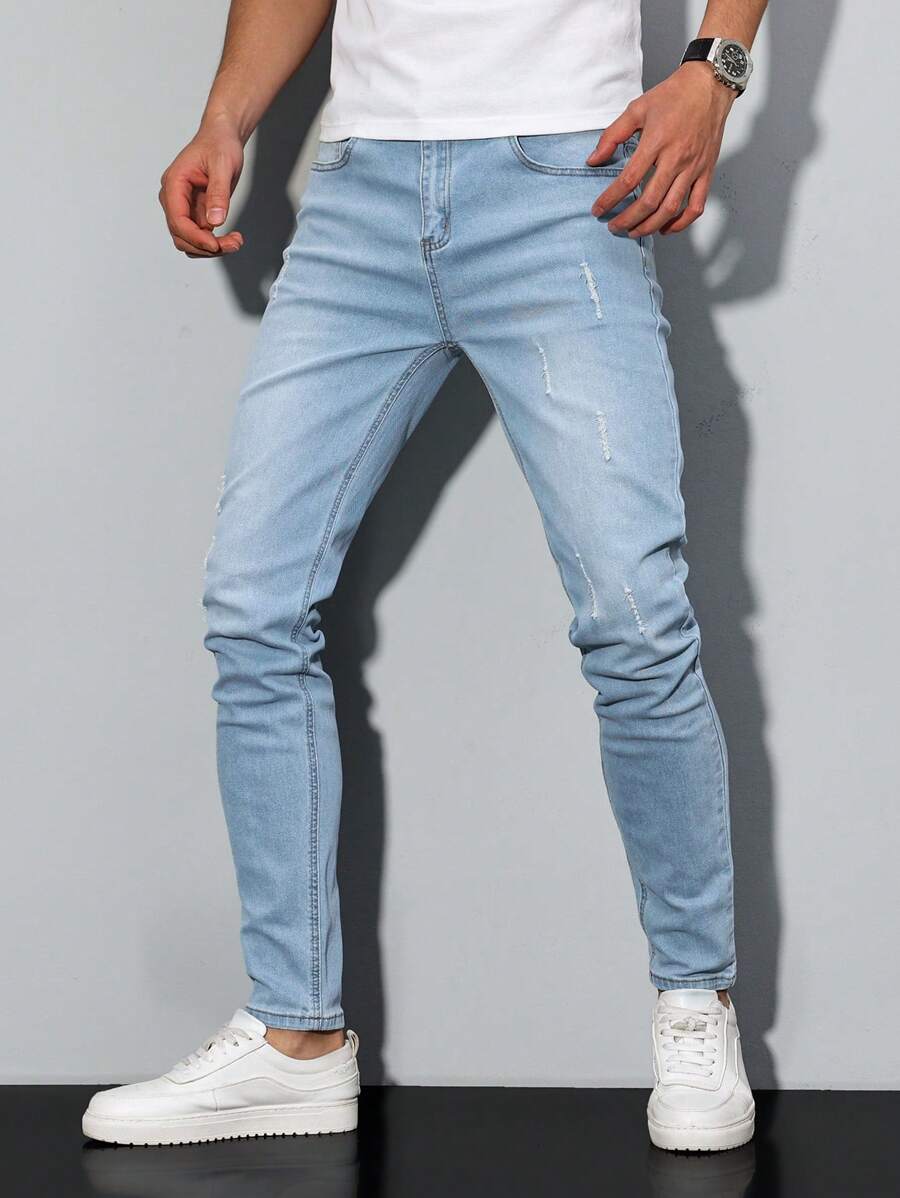 Manfinity Homme Men's Simple Ripped Pocket Casual Jeans, For Daily Wear - Light Wash - View 1